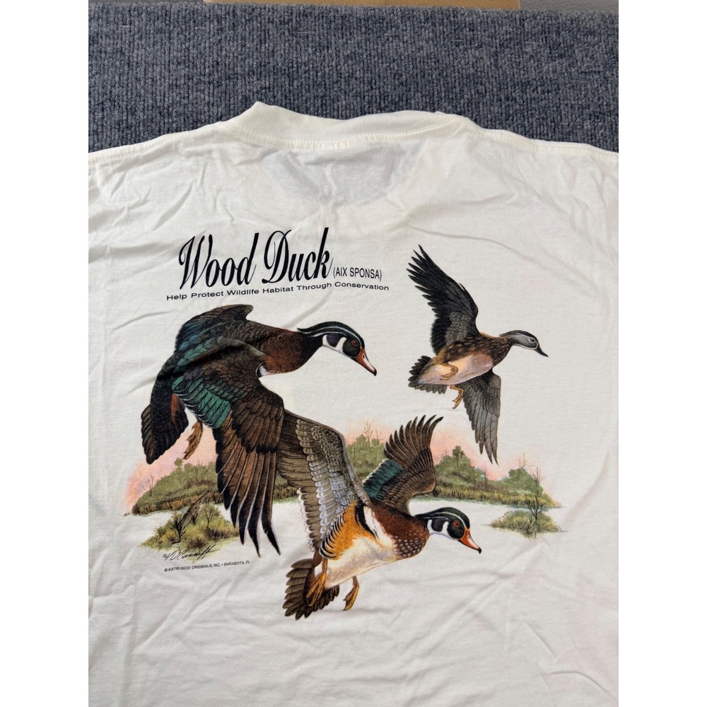 Vintage Katie-Dids Wood Duck T Shirt XL White Cotton Pocket Tee USA Made Stained